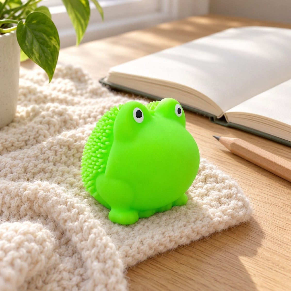 Squishy rana en el escritorio, junto a una libreta y un lápiz