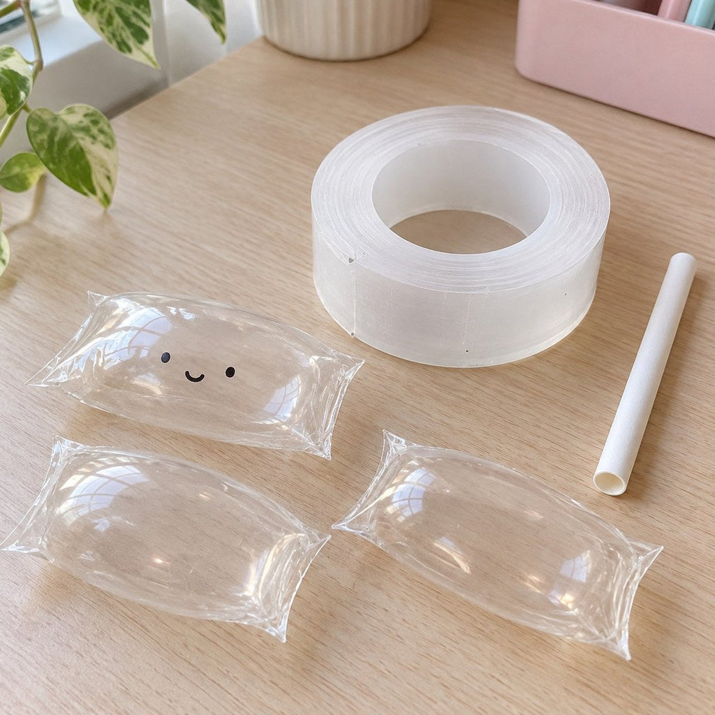Squishy ruban nano DIY : bulles nano tape terminées à côté du rouleau