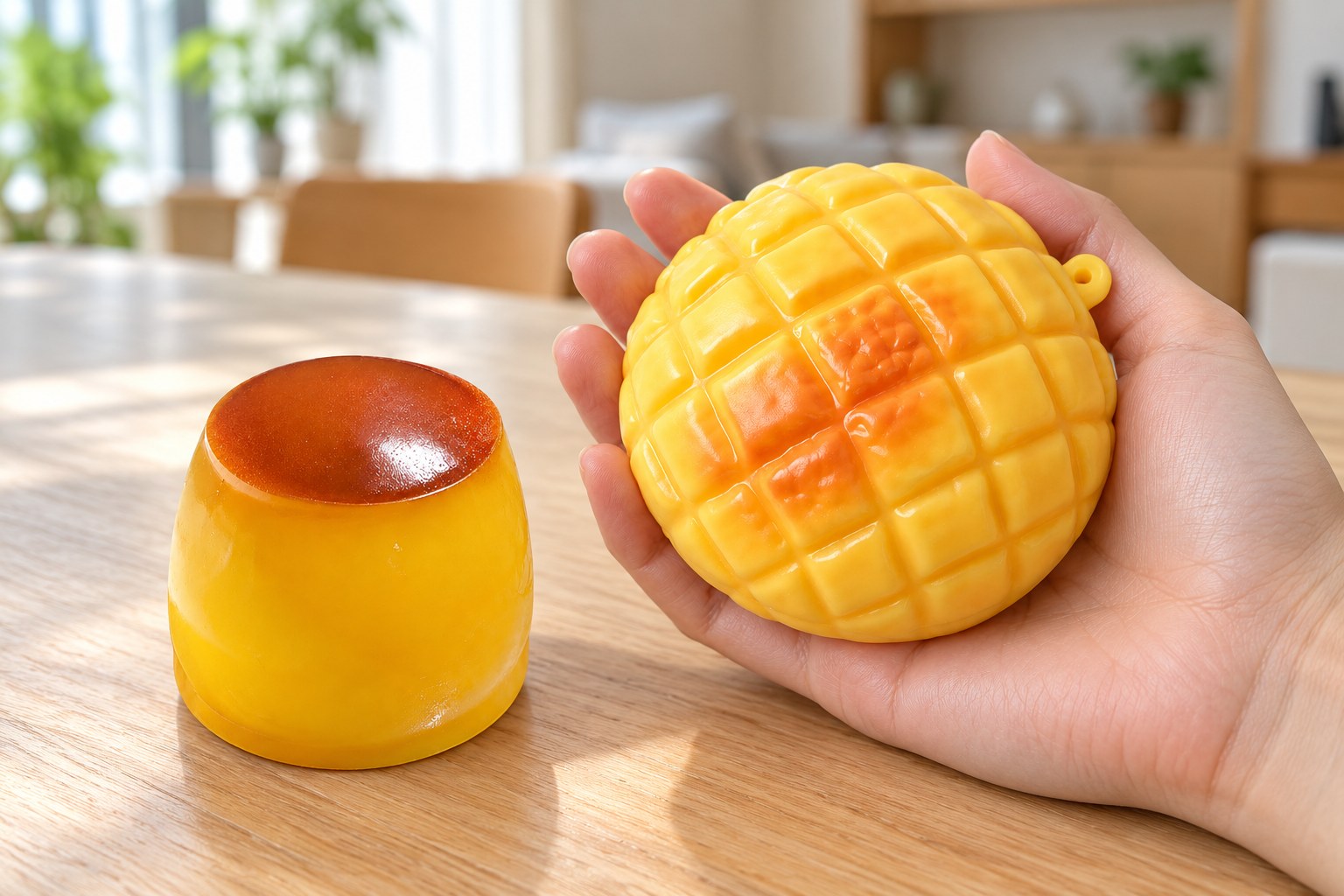Sada squishy: ruka drží crunchy ananasovou bulku, na stole stojí karamelový pudink