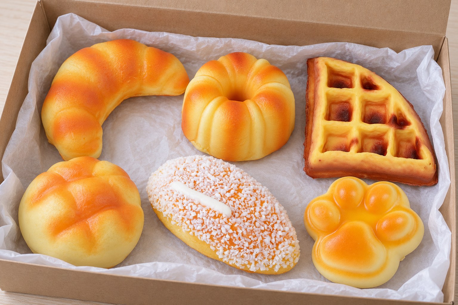 Sada squishy z pekárny v otevřené krabici: croissant, canelé, vafle, ananasová bulka, kokosová bulka a tlapka
