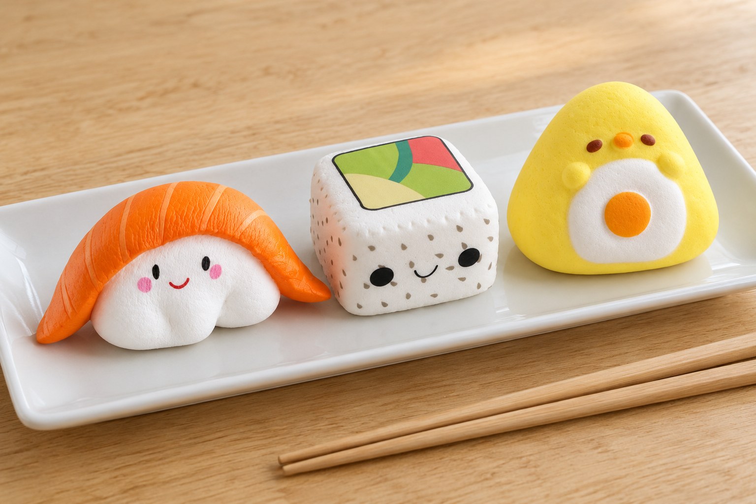 Squishy mystery box: nigiri s lososem, sushi rolka a kuřátko onigiri na dlouhém bílém talíři u hůlek