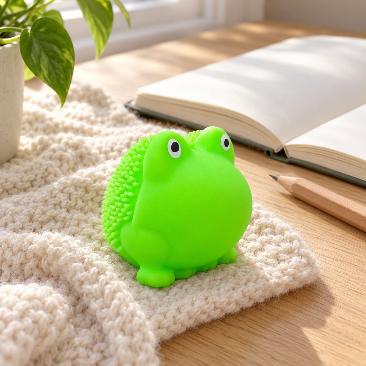 Na secretária, um squishy sapo com picos junto a caderno e lápis