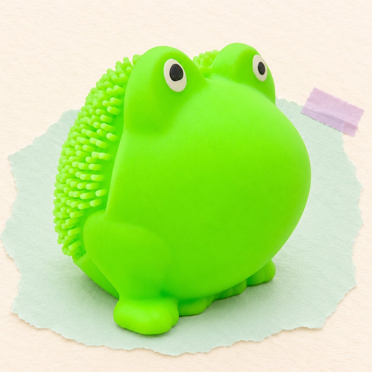 Squishy sapo com picos em TPR macio, 5 cm, sobre papel cor pastel