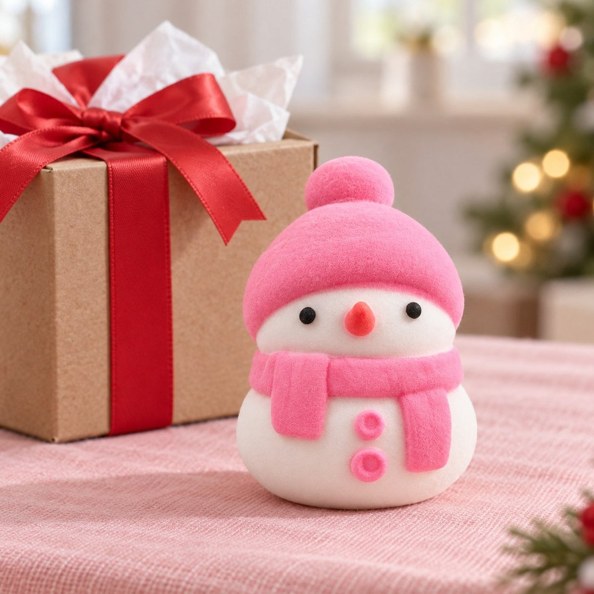 Kleines Geschenk: Squishy Schneemann in Rosa neben einer eingepackten Schachtel