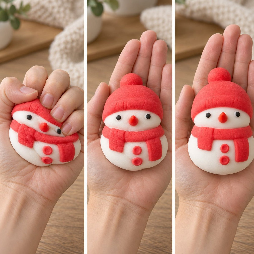 Slow Rising in drei Schritten: Squishy Schneemann in Rot flach, halb aufgegangen, wieder in Form