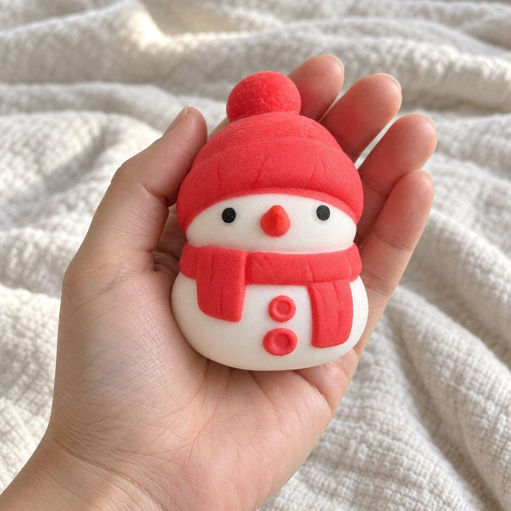 Aus eigener Sicht: Squishy Schneemann in Rot wird in die Kamera gehalten