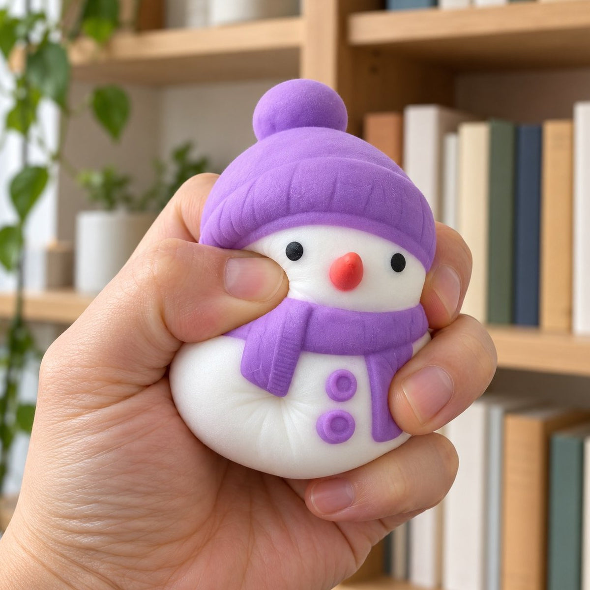 Weich beim Zusammendrücken: Squishy Schneemann in Lila in der Hand