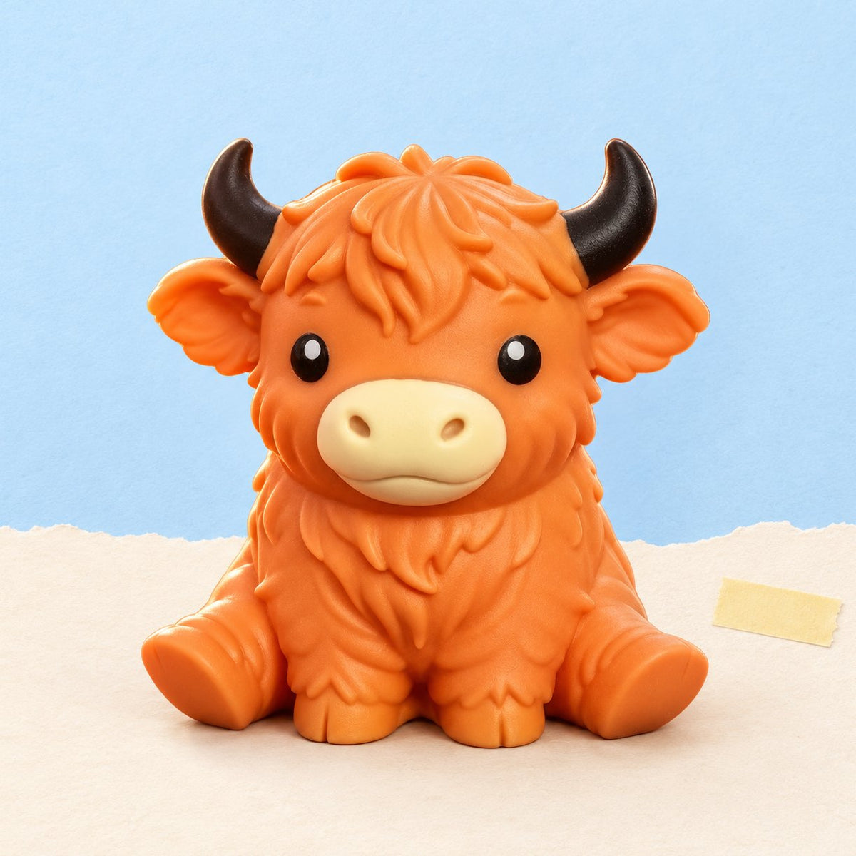 Squishy skotská kráva jumbo z měkkého TPR v oranžové barvě na pastelovém papíře