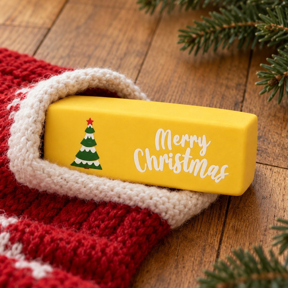 Squishy smør merry christmas fås i 6 farver, her gul med juletræ, der kigger op af en julestrømpe