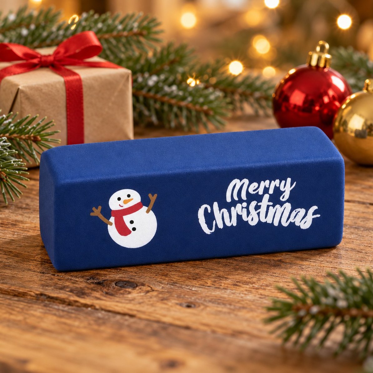 Squishy smør merry christmas i mørkeblå med snemand mellem grangrene og lyskæde
