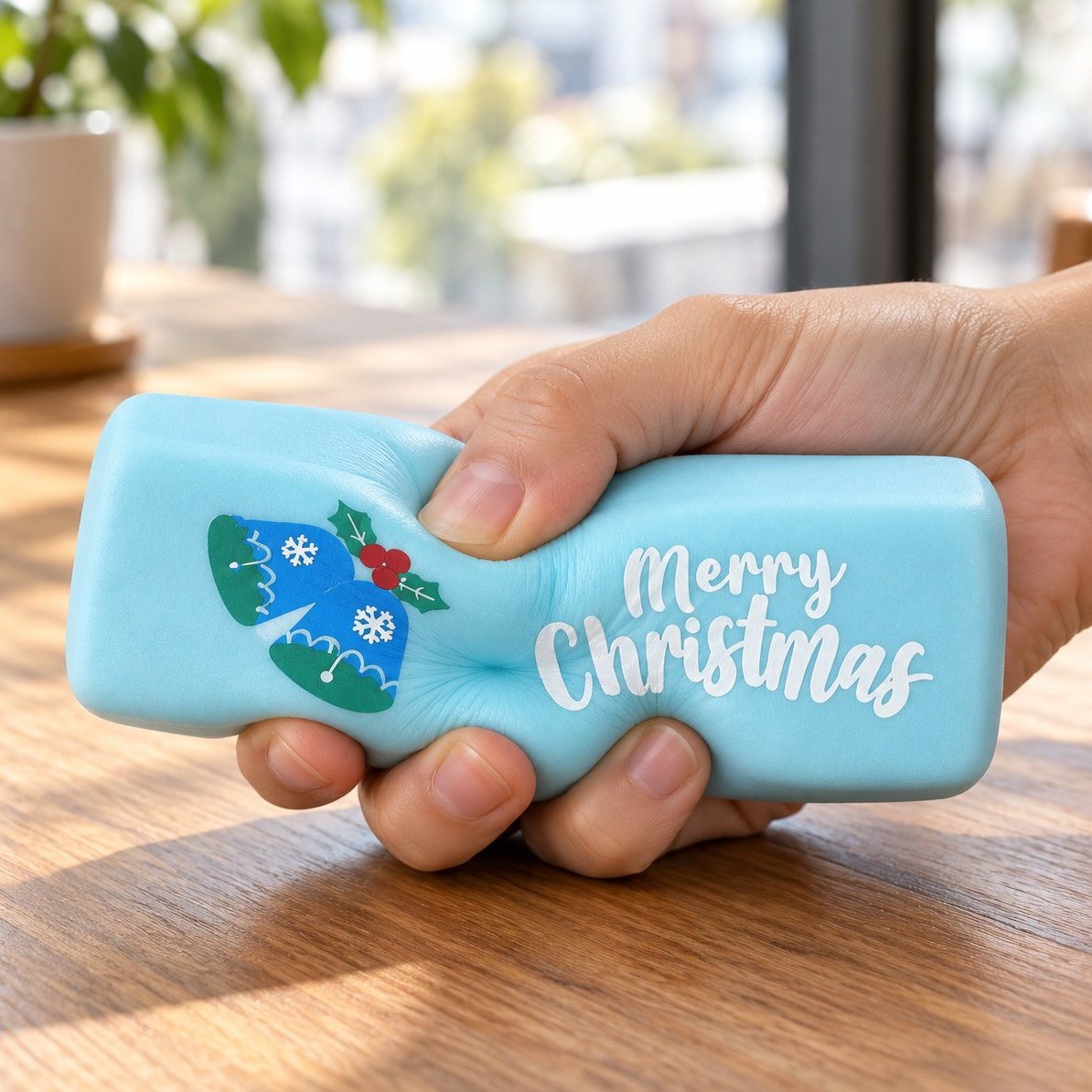 En af de 6 farver af squishy smør merry christmas: lyseblå med vante, klemt i hånden