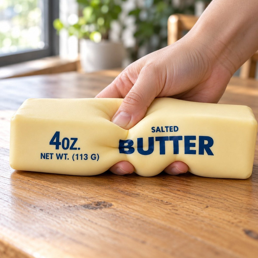 Squishy smör jumbo, en jättestor smörstång på 24 cm, kramas i handen