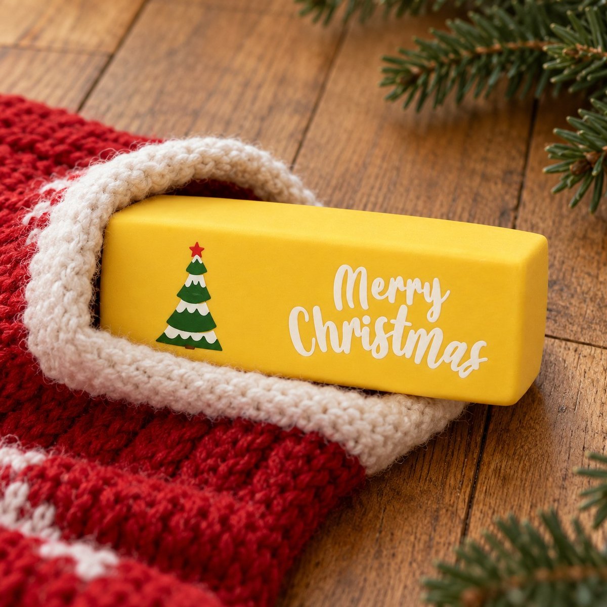 Squishy smör Merry Christmas i 6 färger, här gul med julgran i en julstrumpa