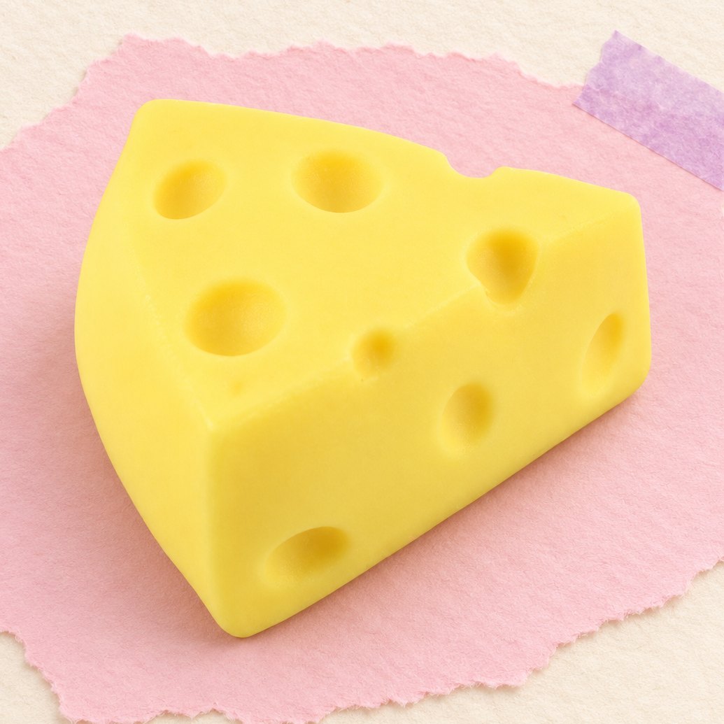 Squishy spicchio di formaggio mini pieno, foto del prodotto su carta pastello