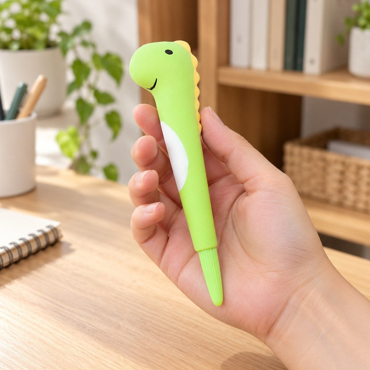 So groß ist es in der Hand: Squishy Stift (Dino)