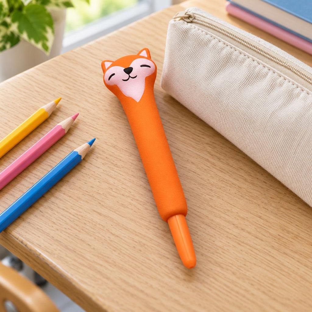 In der Schule: Squishy Stift (Fuchs) auf dem Tisch neben dem Mäppchen