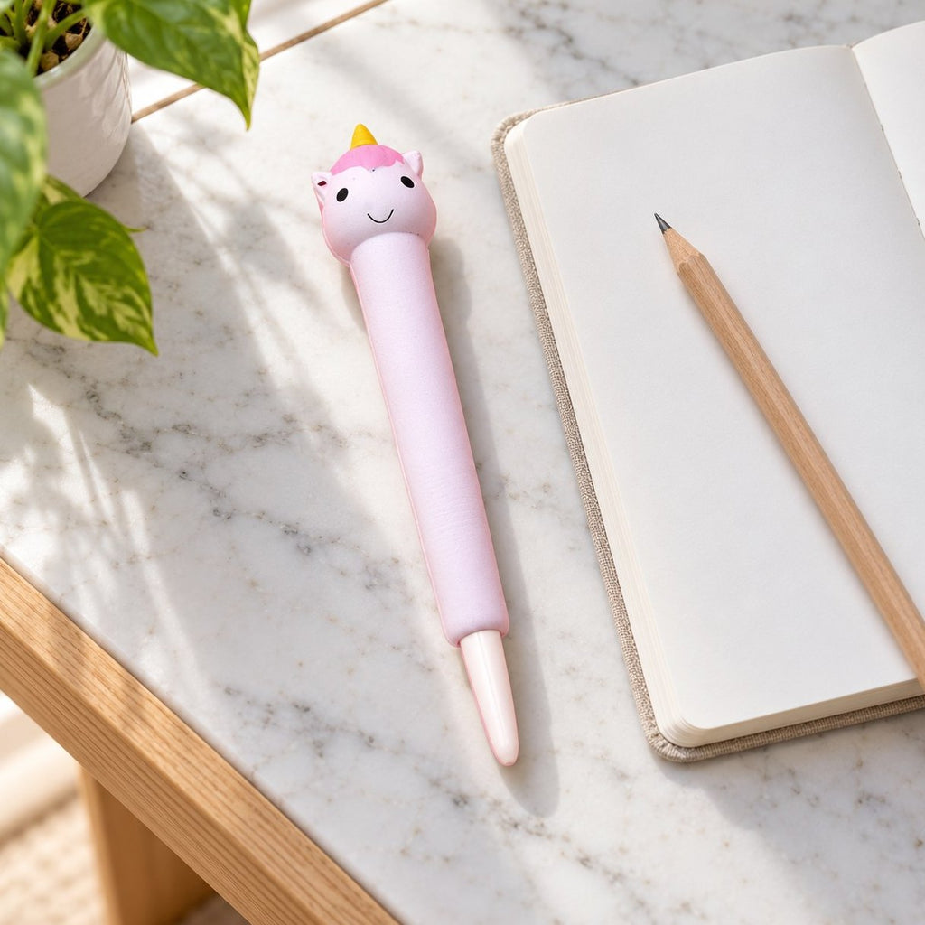 Squishy Stift als Slow Rising Gelstift mit Tierfigur (Einhorn) auf dem Schreibtisch neben Notizbuch und Bleistift