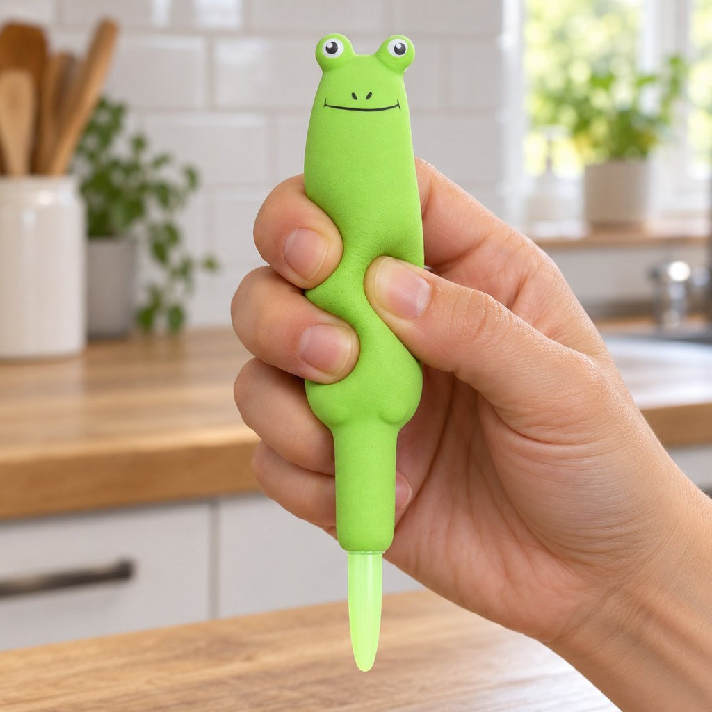Mit der Hand zusammengedrückt: Squishy Stift als Slow Rising Gelstift mit Tierfigur (Frosch), schön weich