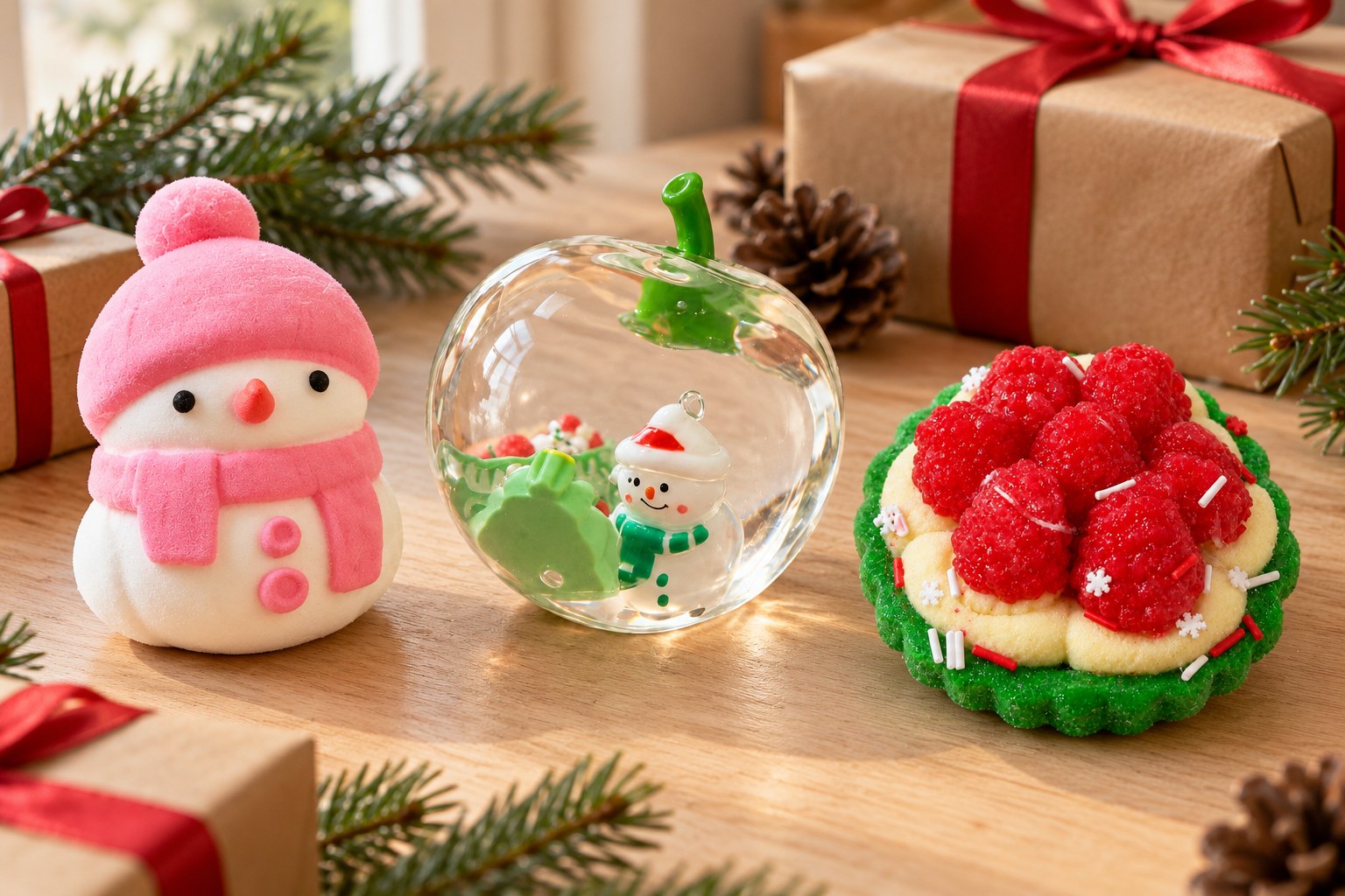 Snowman squishy, clear apple squishy and berry tart squishy between small gifts wrapped in kraft paper with red ribbon
