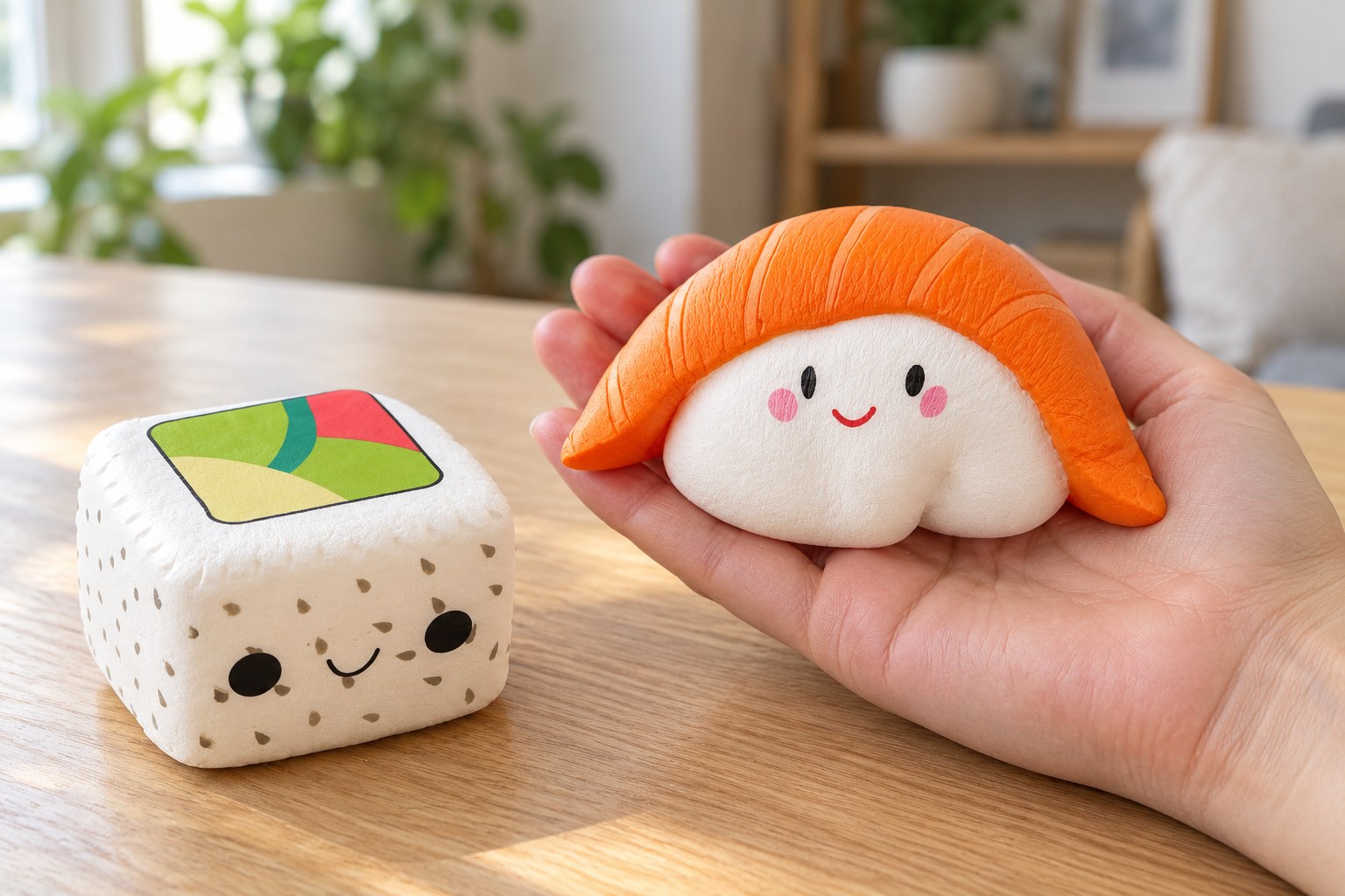 Mano che tiene uno squishy kawaii nigiri al salmone con faccina sorridente, sul tavolo un piccolo squishy sushi roll