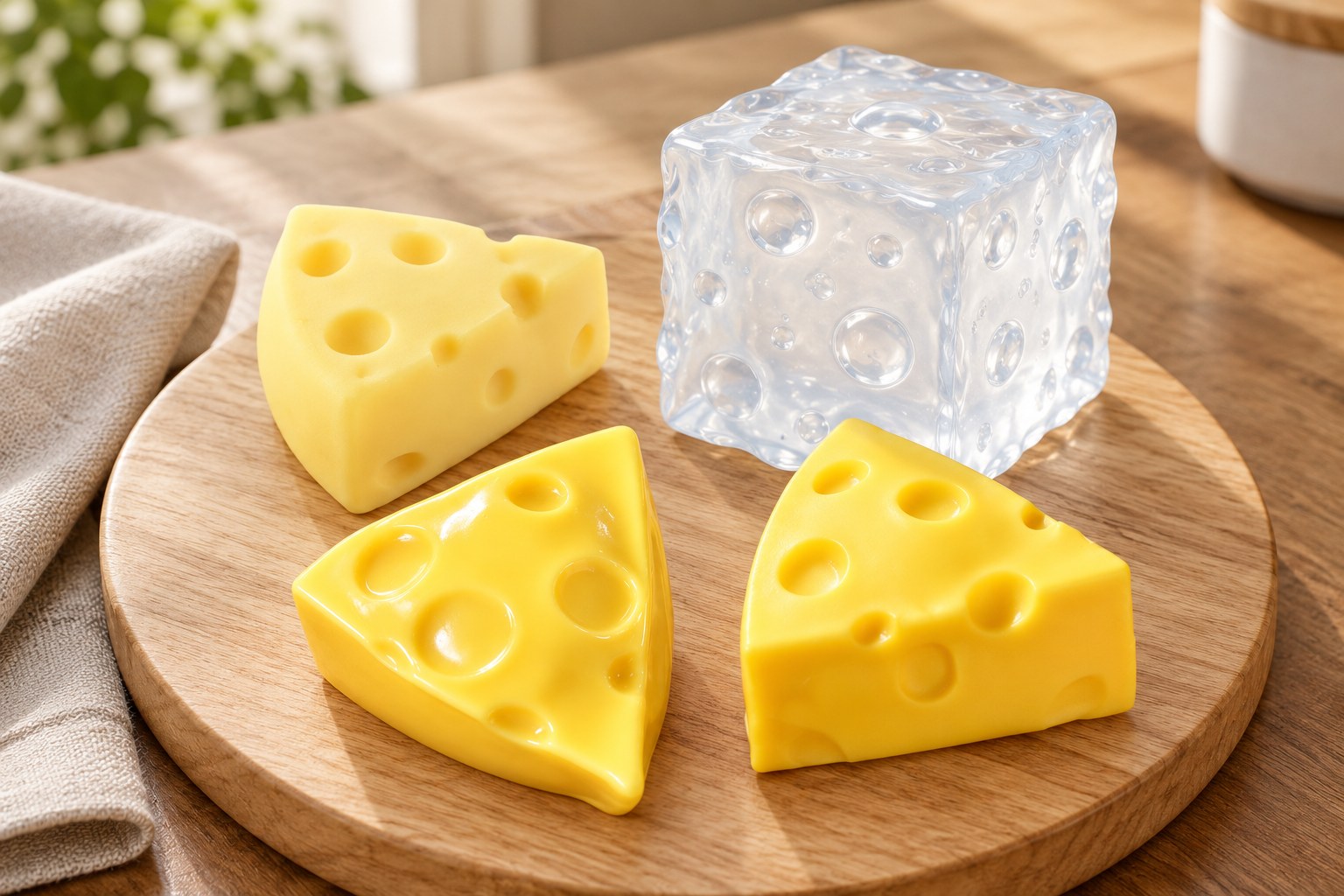 Squishy sýr na kulatém dřevěném prkénku: žluté trojúhelníky s dírkami a průhledná želé kostka