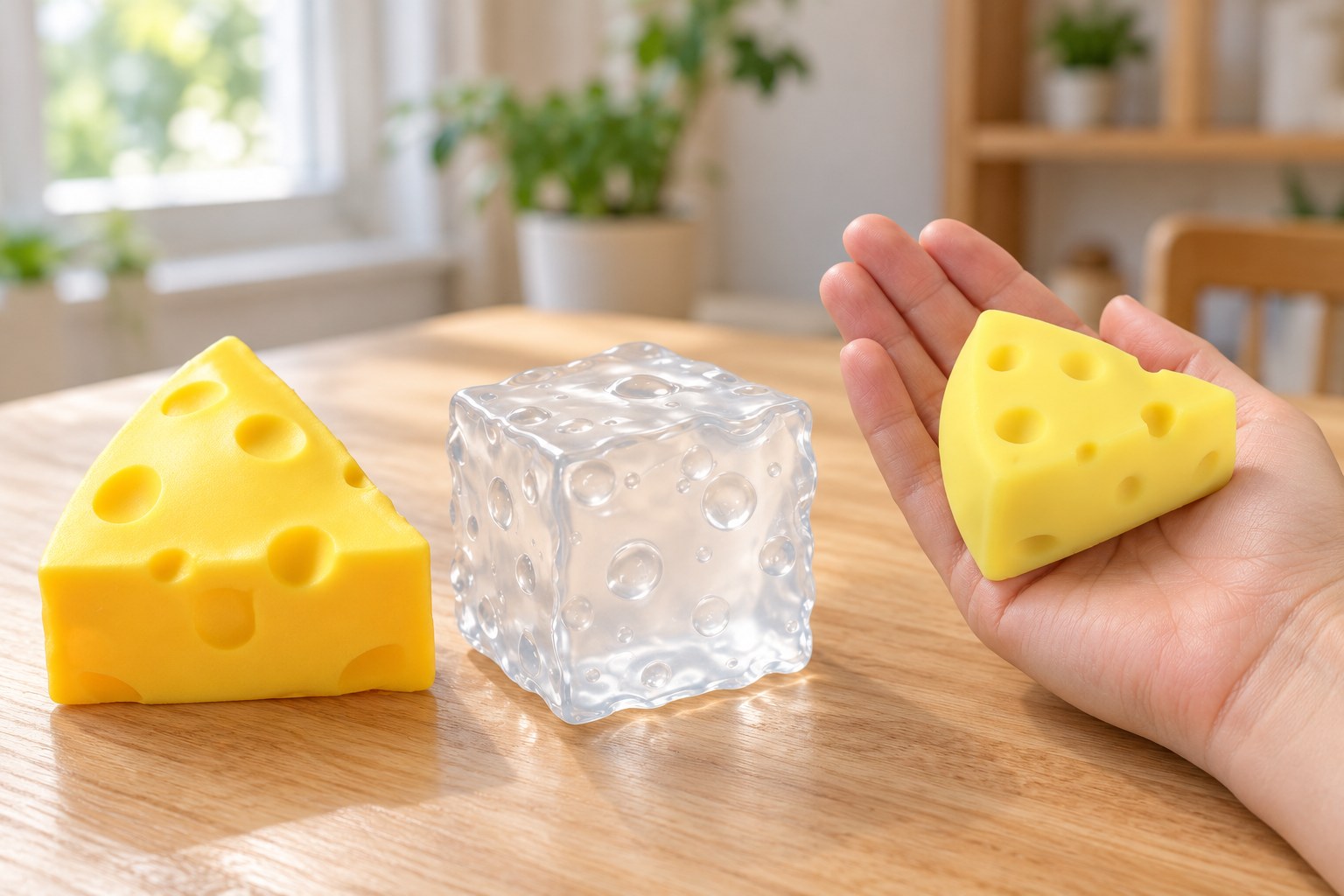 Ruka drží malý žlutý squishy sýr trojúhelník, na stole leží průhledná želé kostka a další trojúhelník