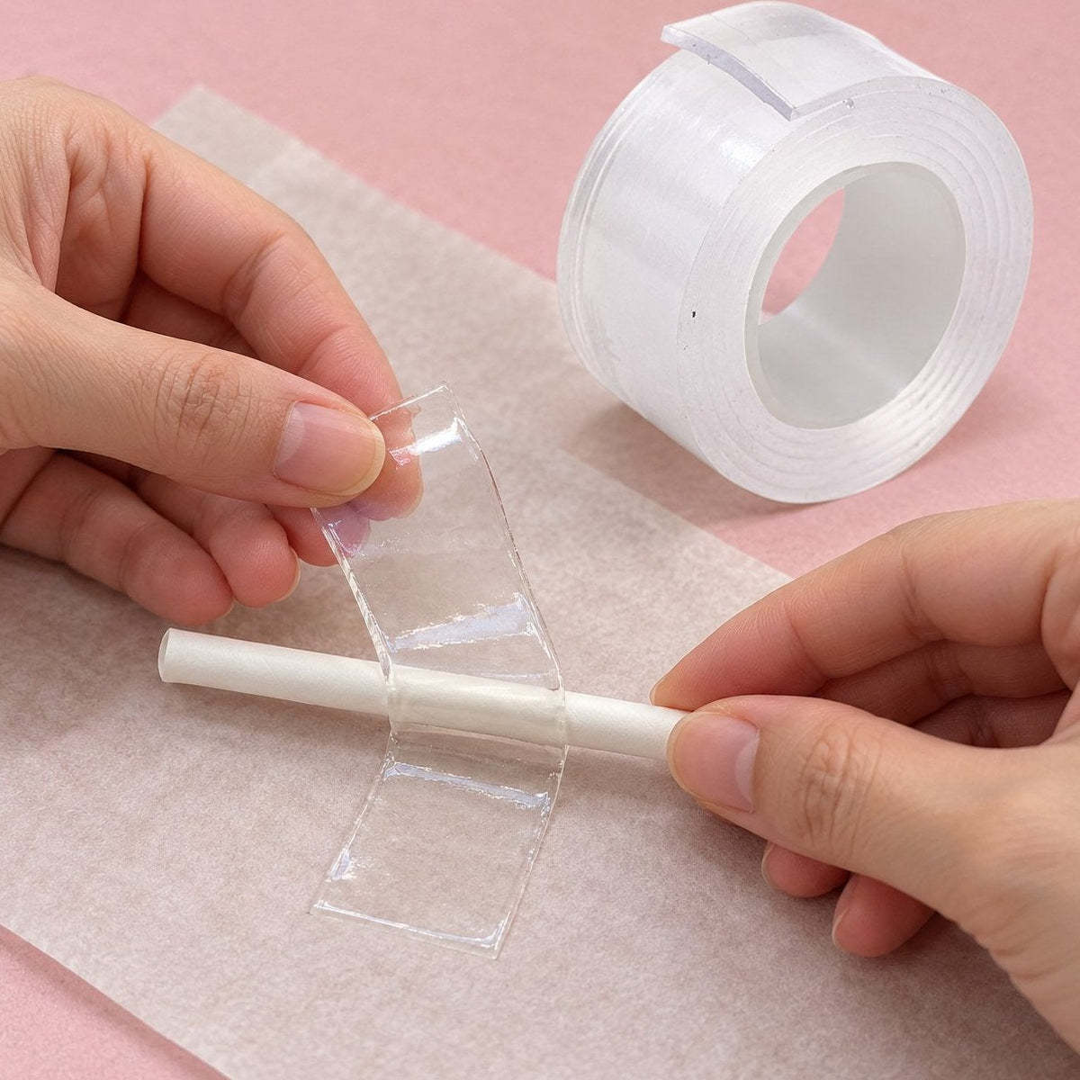Pasek taśmy nano zawinięty na słomkę – tak powstaje bańka squishy