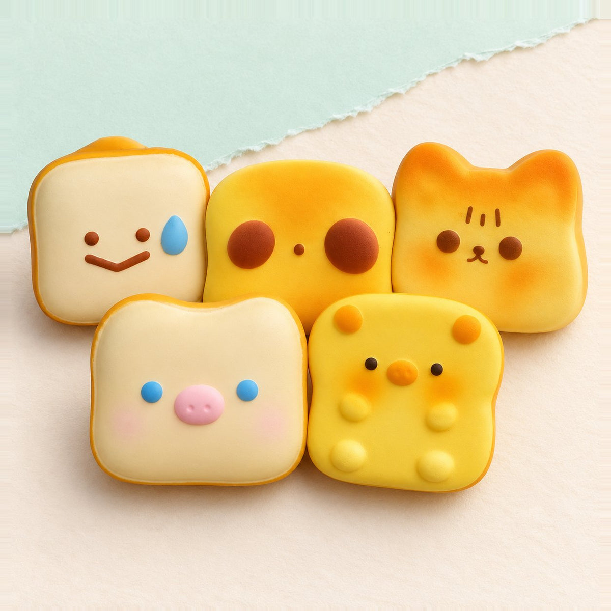 Squishy toast set con tutte e 5 le faccine kawaii, su carta pastello