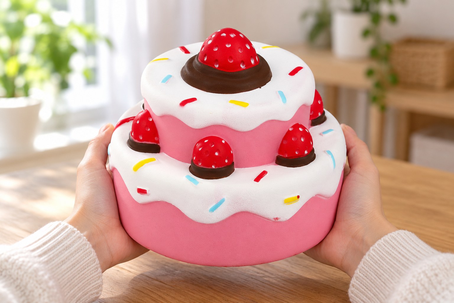 Due mani che tengono un grande squishy torta alle fragole rosa a due piani