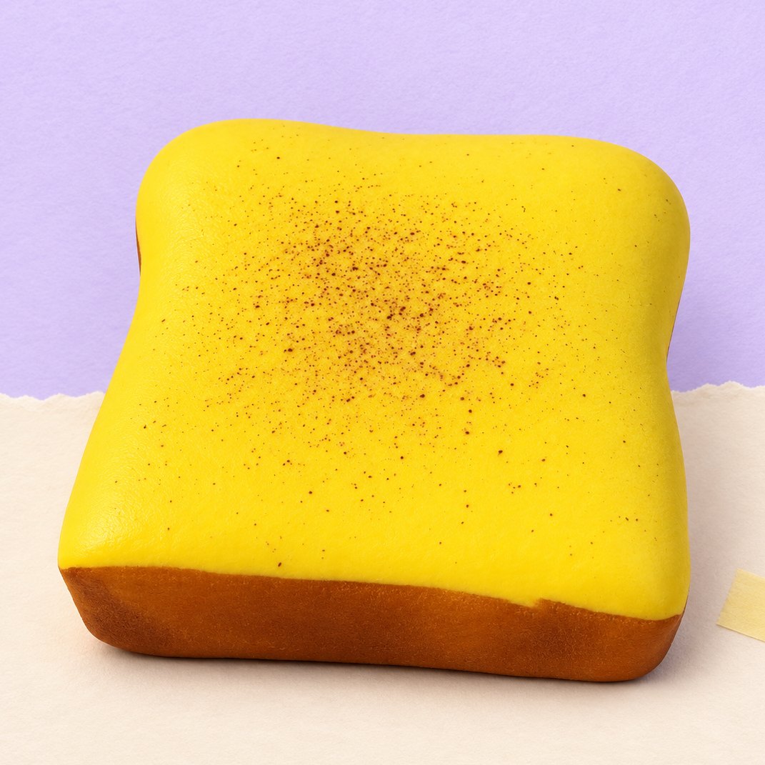 Squishy tostada gruesa de 11 cm en amarillo mantequilla, sobre papel pastel