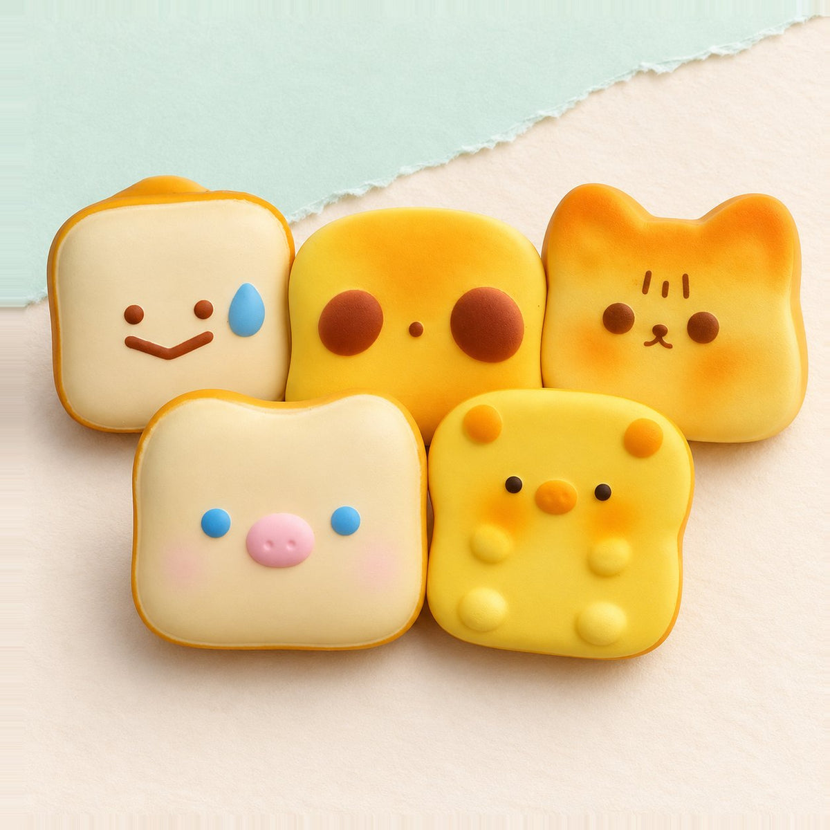 Set de squishy tostada kawaii con sus 5 caras sobre papel pastel