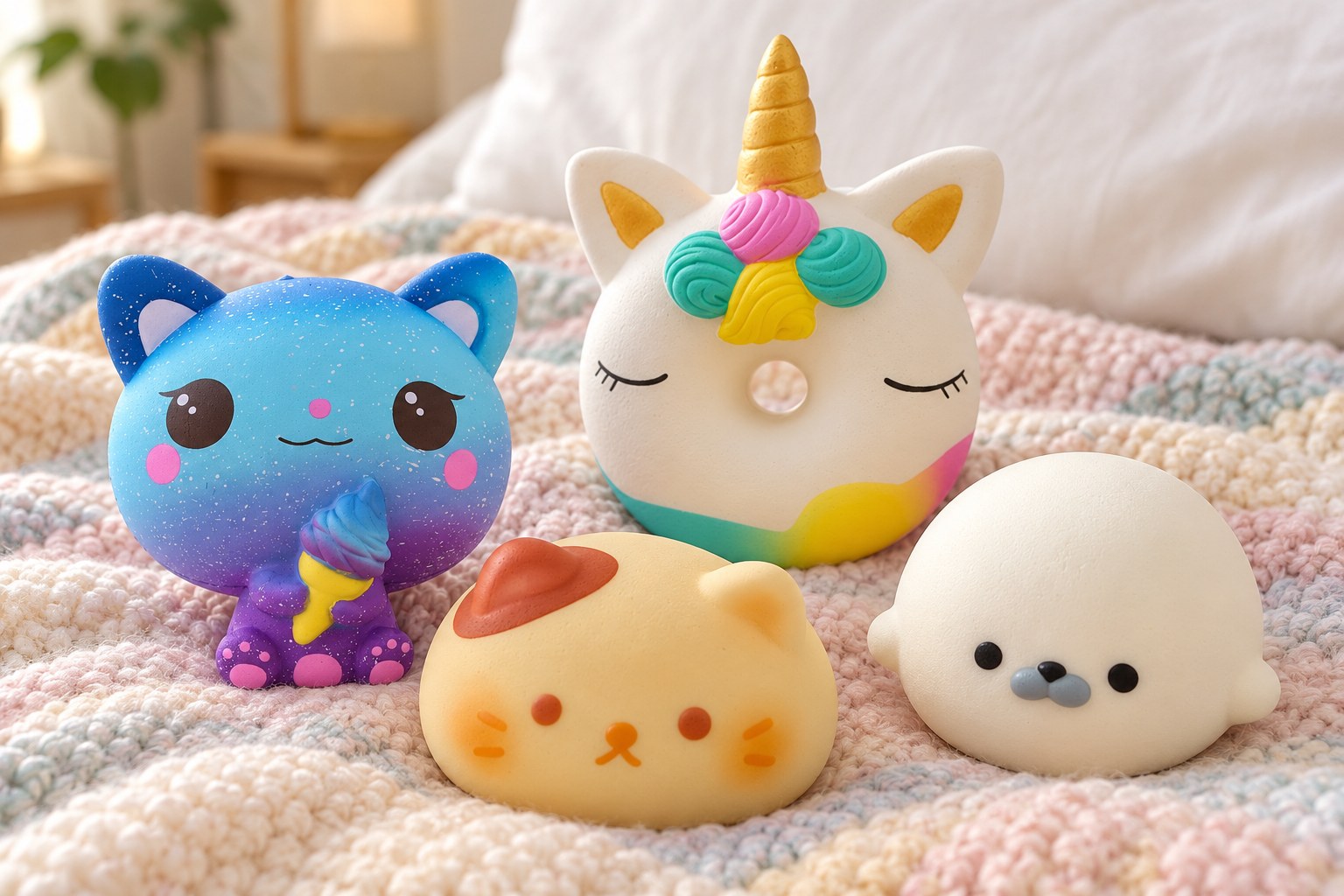 Squishy galaxy kočka, jednorožčí donut, kočičí bulka a bílý squishy tuleň na posteli s pastelovou pletenou dekou