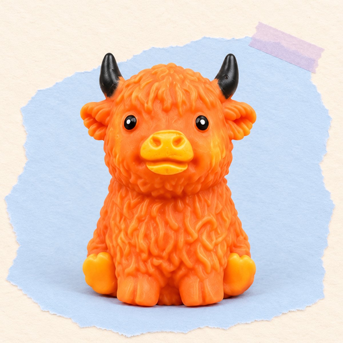 Squishy vaca highland crunchy com recheio que range, em laranja e castanho, sobre papel pastel