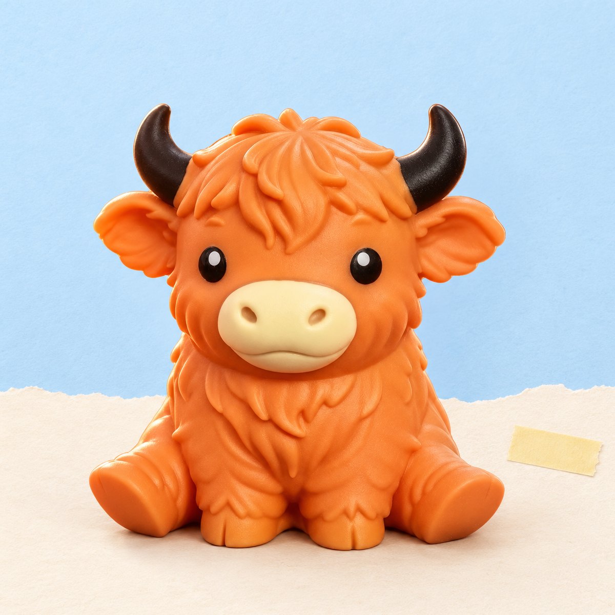 Squishy vaca highland gigante em TPR macio, cor laranja, sobre papel pastel