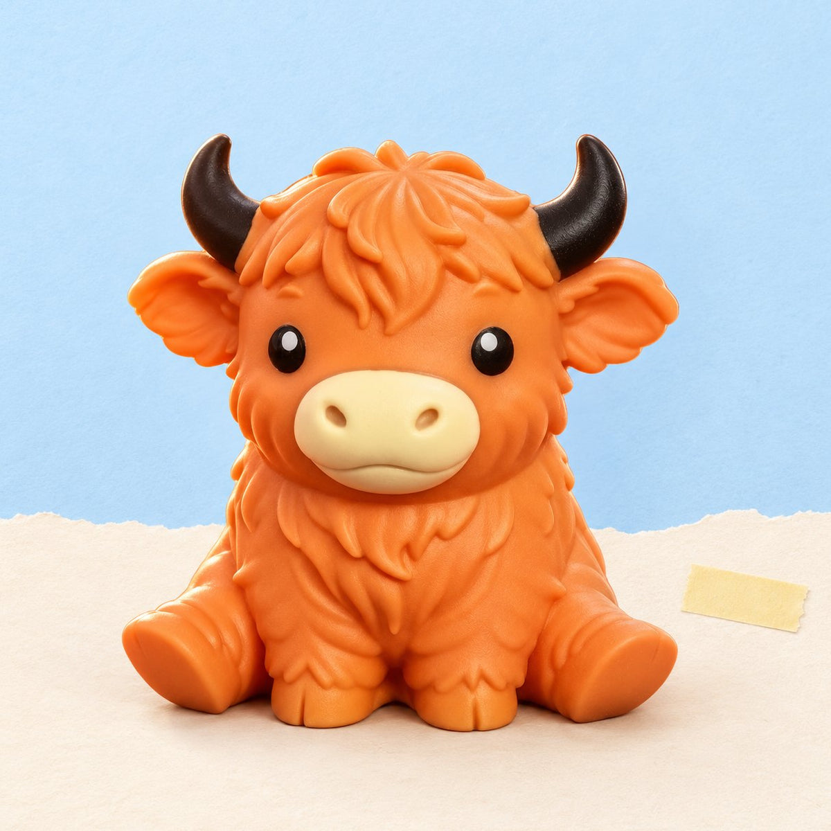 Squishy gigante de vaca highland de TPR blando, en naranja sobre papel pastel