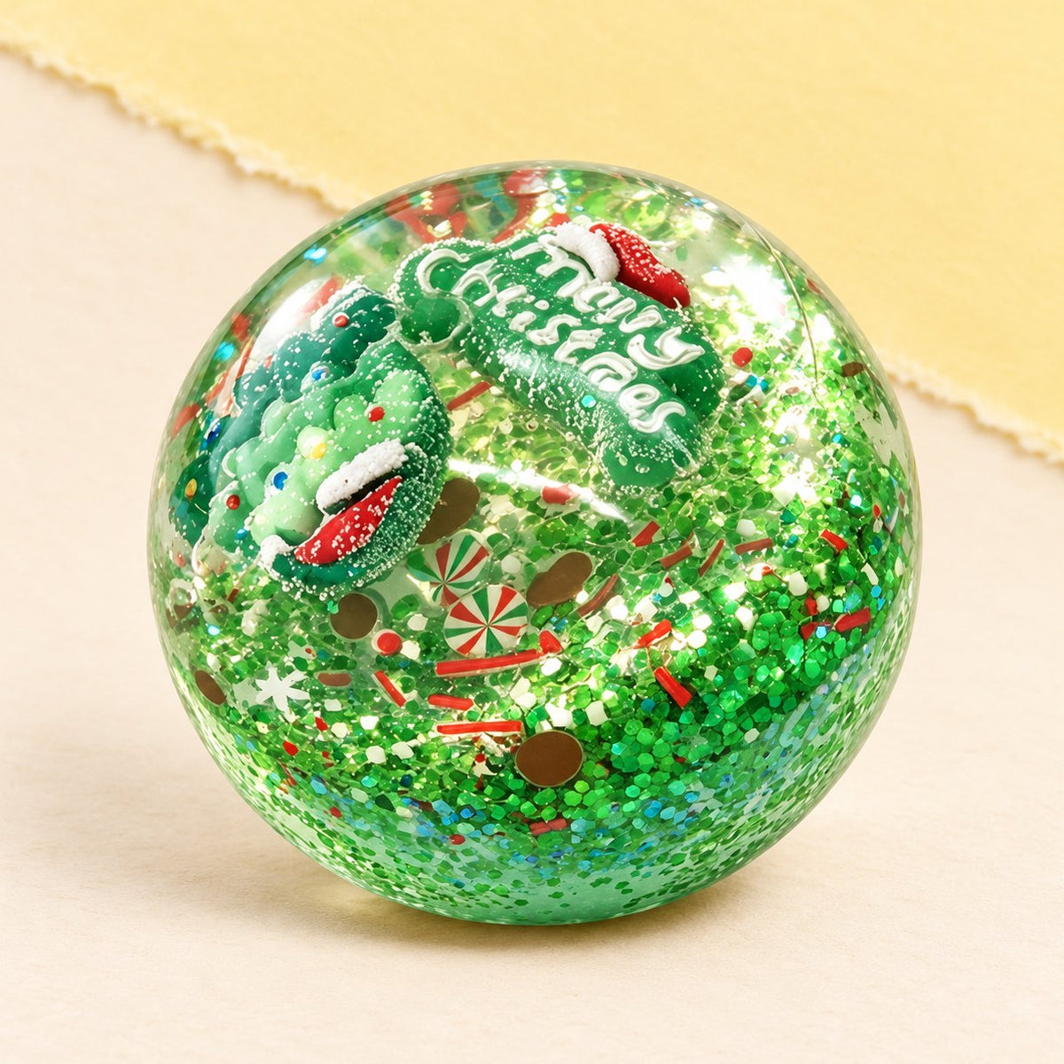 Squishy vánoční koule 6,5 cm s vločkou v zelené barvě, v dárkové krabičce, na pastelovém papíře