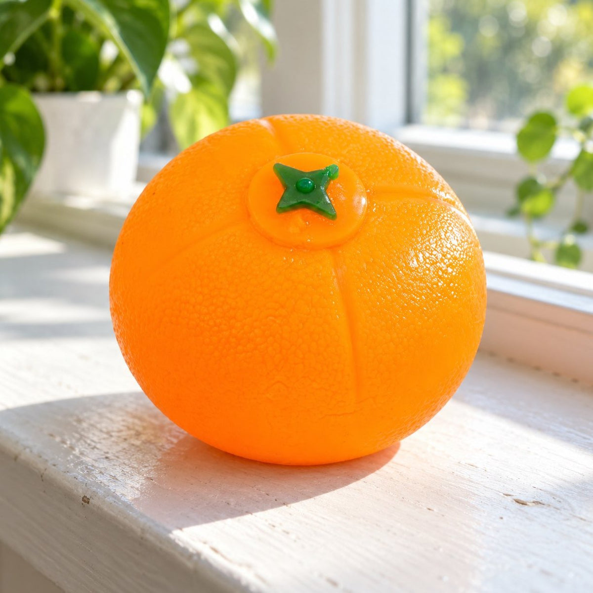 Na slunném okenním parapetu: squishy vodní míček pomeranč