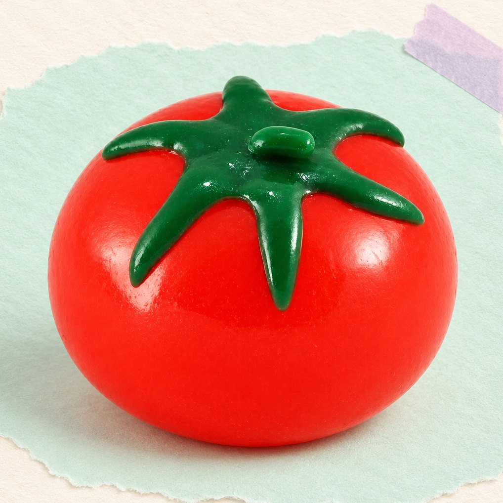 Squishy vodní míček, rajče, hroznové víno nebo citron, na pastelovém papíře