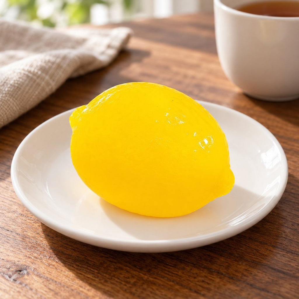 Squishy vodní ovoce citron na talířku na snídaňovém stole