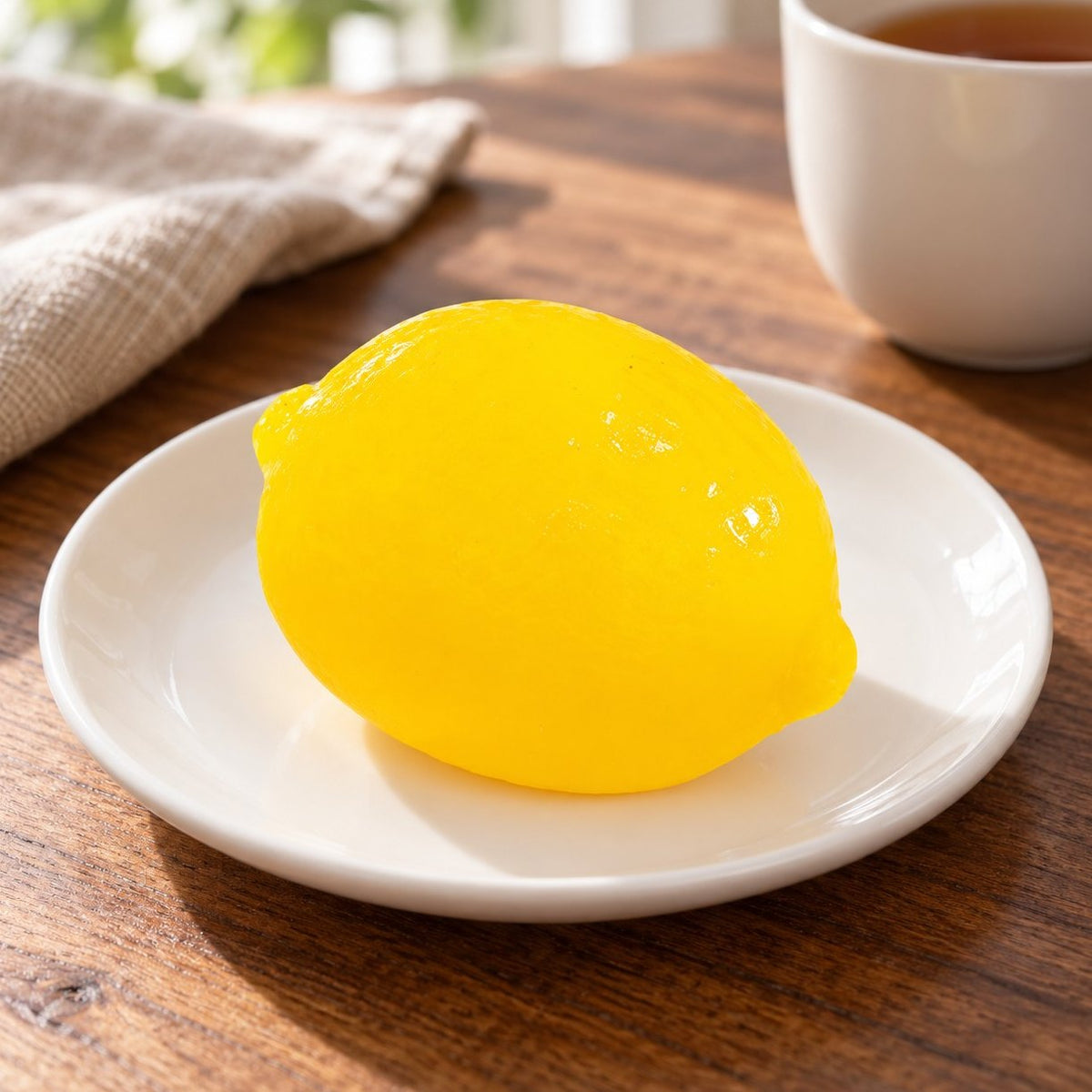 Squishy vodní ovoce citron na talířku na snídaňovém stole