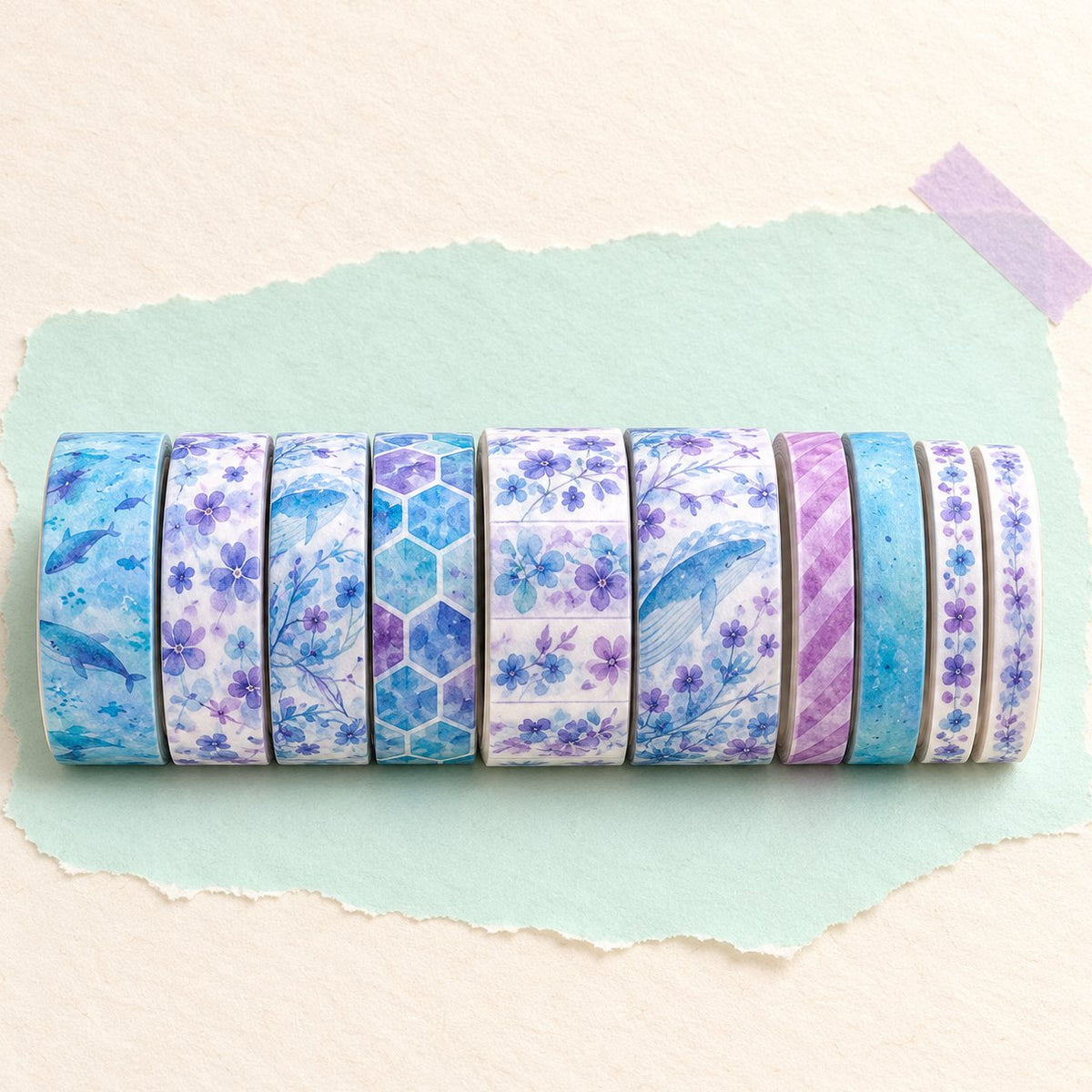 Squishy washi tape : set de 10 rouleaux motif baleines et violettes pour squishy en papier