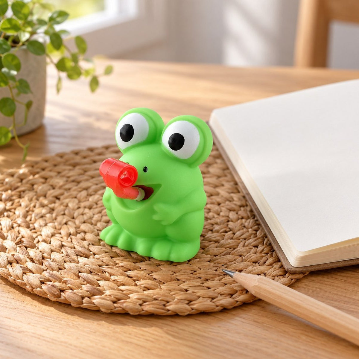 Squishy żaba lub dino – żabka na biurku obok notesu i ołówka