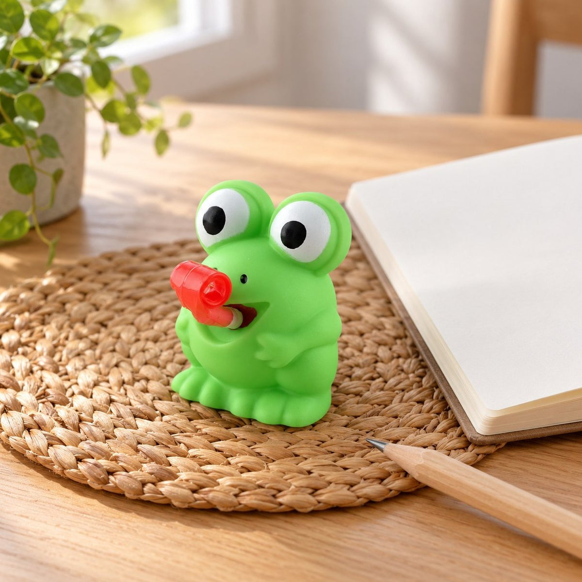 Squishy žabka nebo dino, varianta žabka, na psacím stole se zápisníkem a tužkou