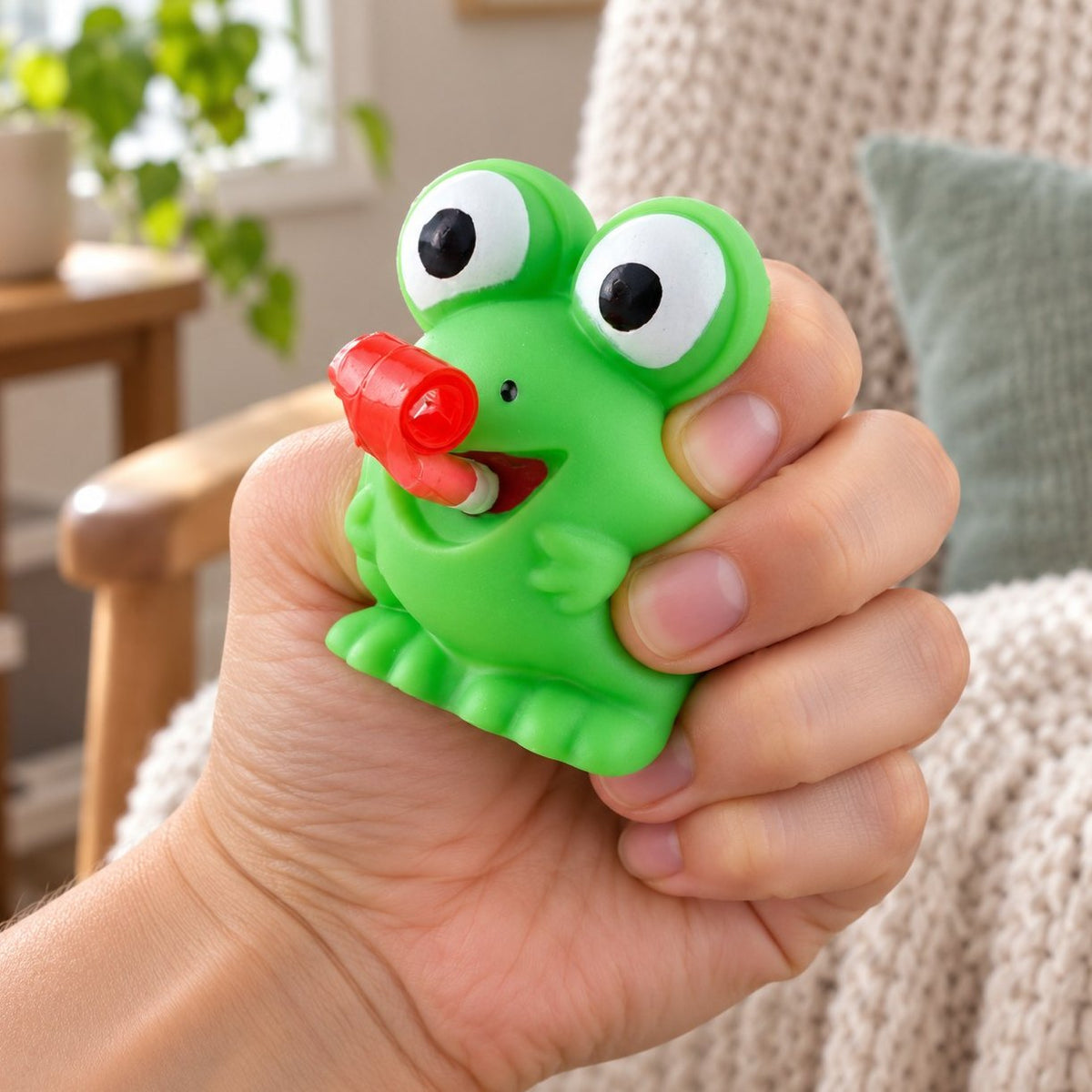 Mačkání v ruce: squishy žabka nebo dino, co vyplazuje jazyk, varianta žabka, je poddajná a příjemná na dotek