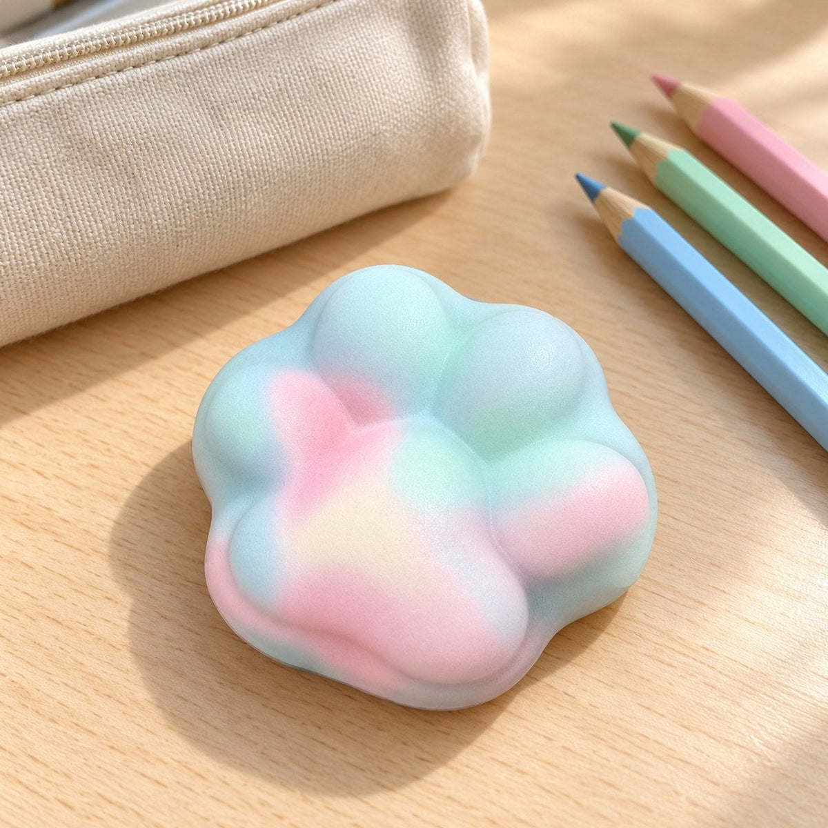 Squishy zampa di gatto crunchy blu sul banco di scuola accanto all'astuccio