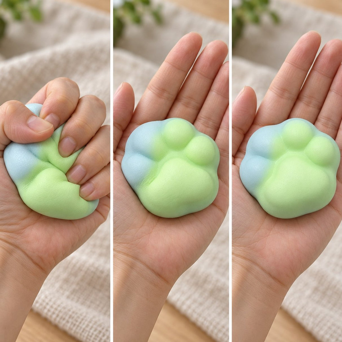 Risalita lenta dello squishy zampa di gatto crunchy verde: piatto, a metà, di nuovo in forma