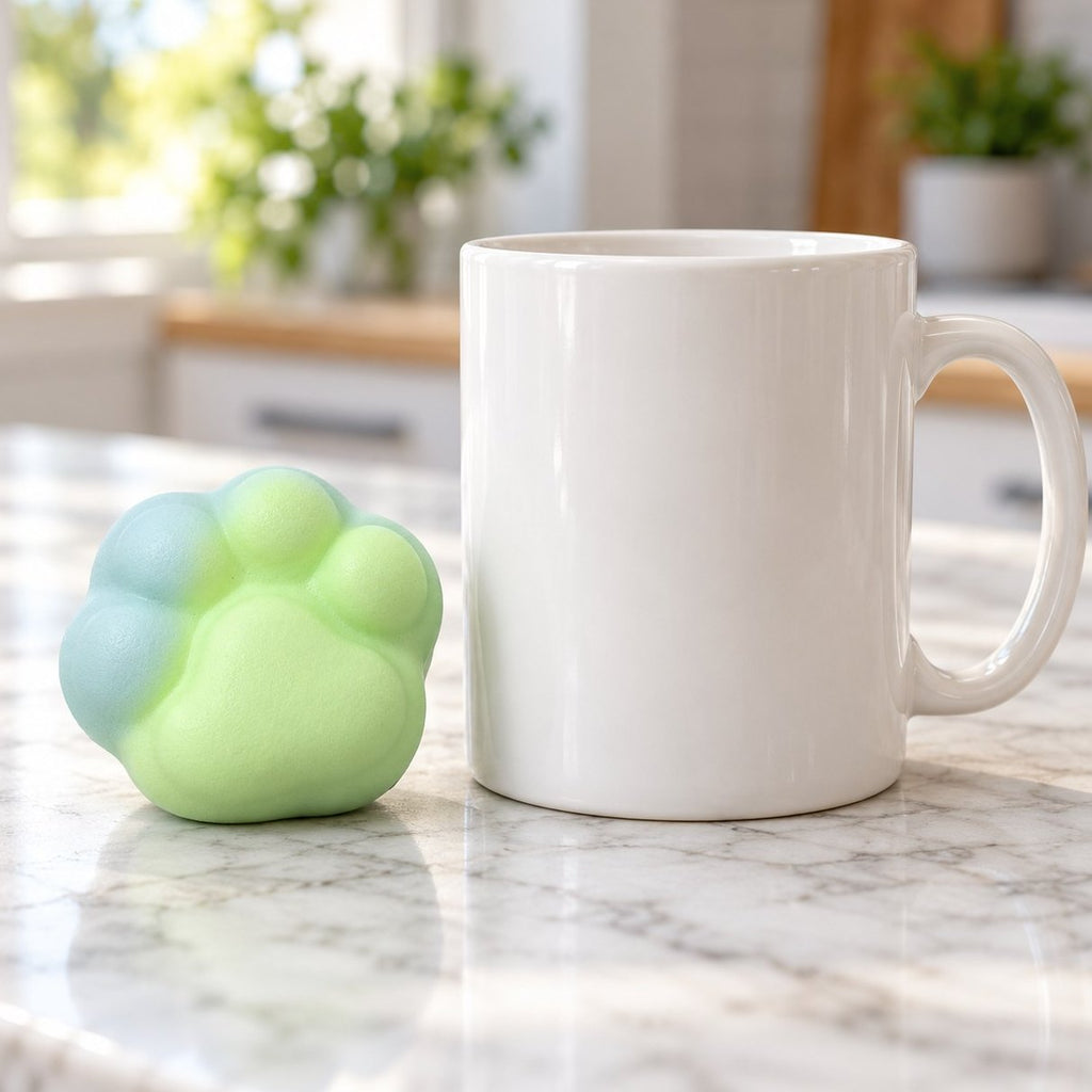 Confronto di grandezza: squishy zampa di gatto mini verde vicino a una tazza da caffè