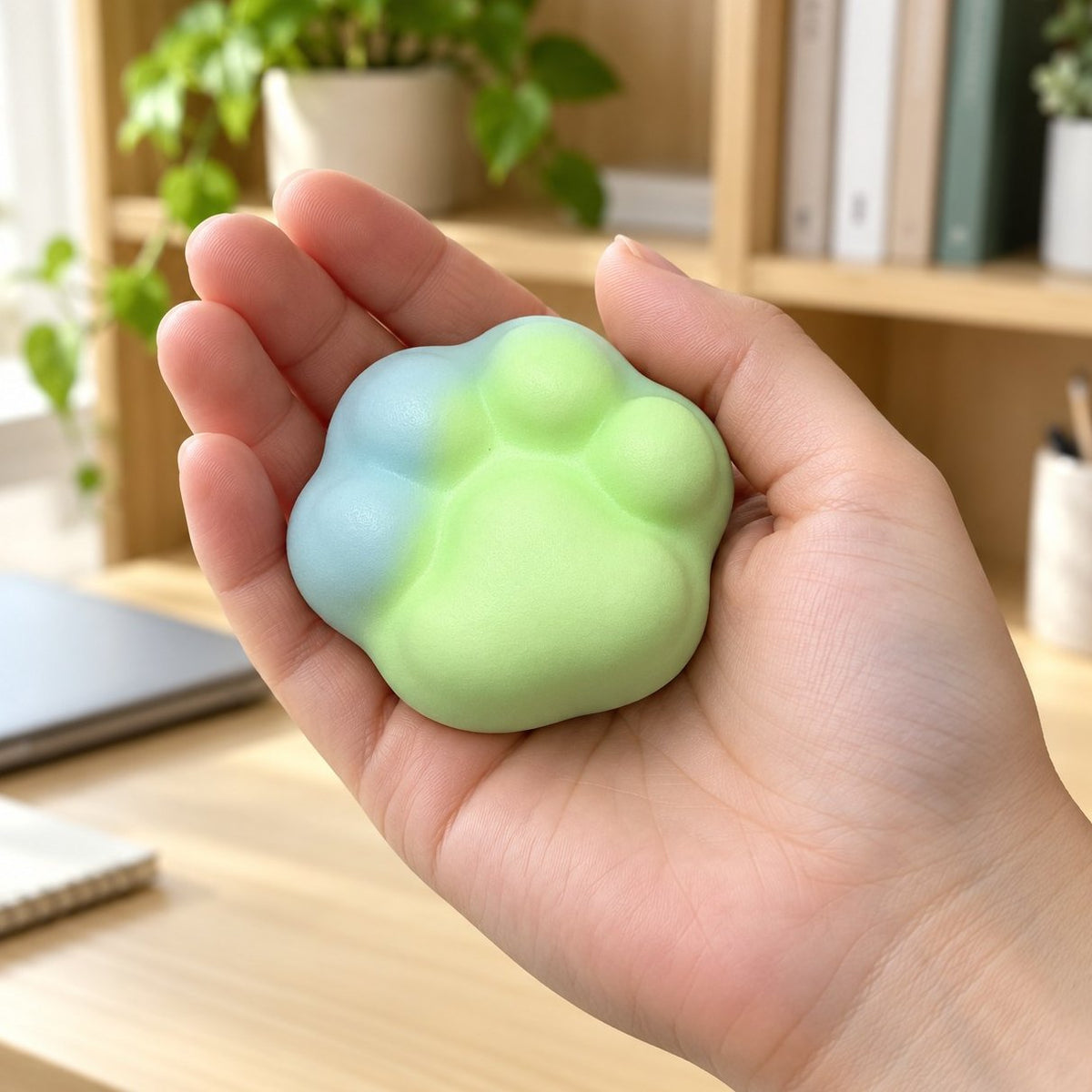 Lo squishy zampa di gatto mini verde in una mano, per capire quanto è grande