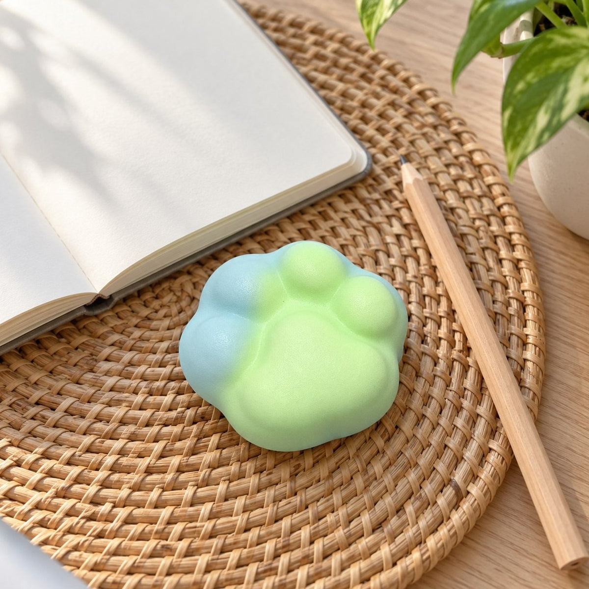 Squishy zampa di gatto mini verde su una scrivania con quaderno e matita