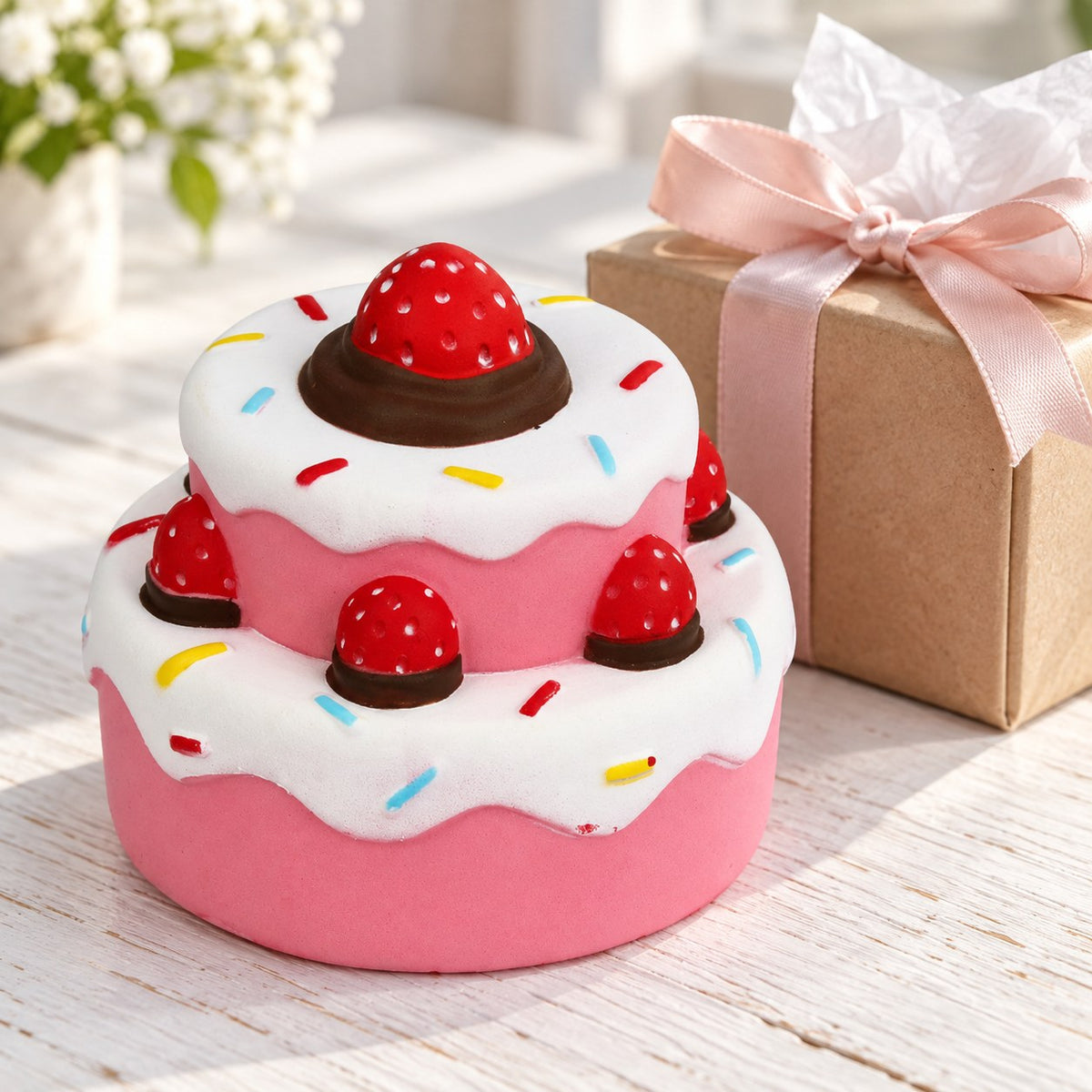 Strawberry cake squishy jumbo, as a small gift next to a wrapped box